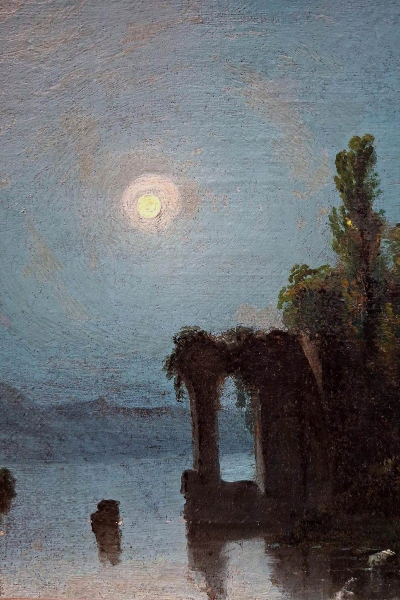 Notturno - scuola napoletana - Posillipo - XIX secolo - olio su prima tela - cornrice originale-photo-3
