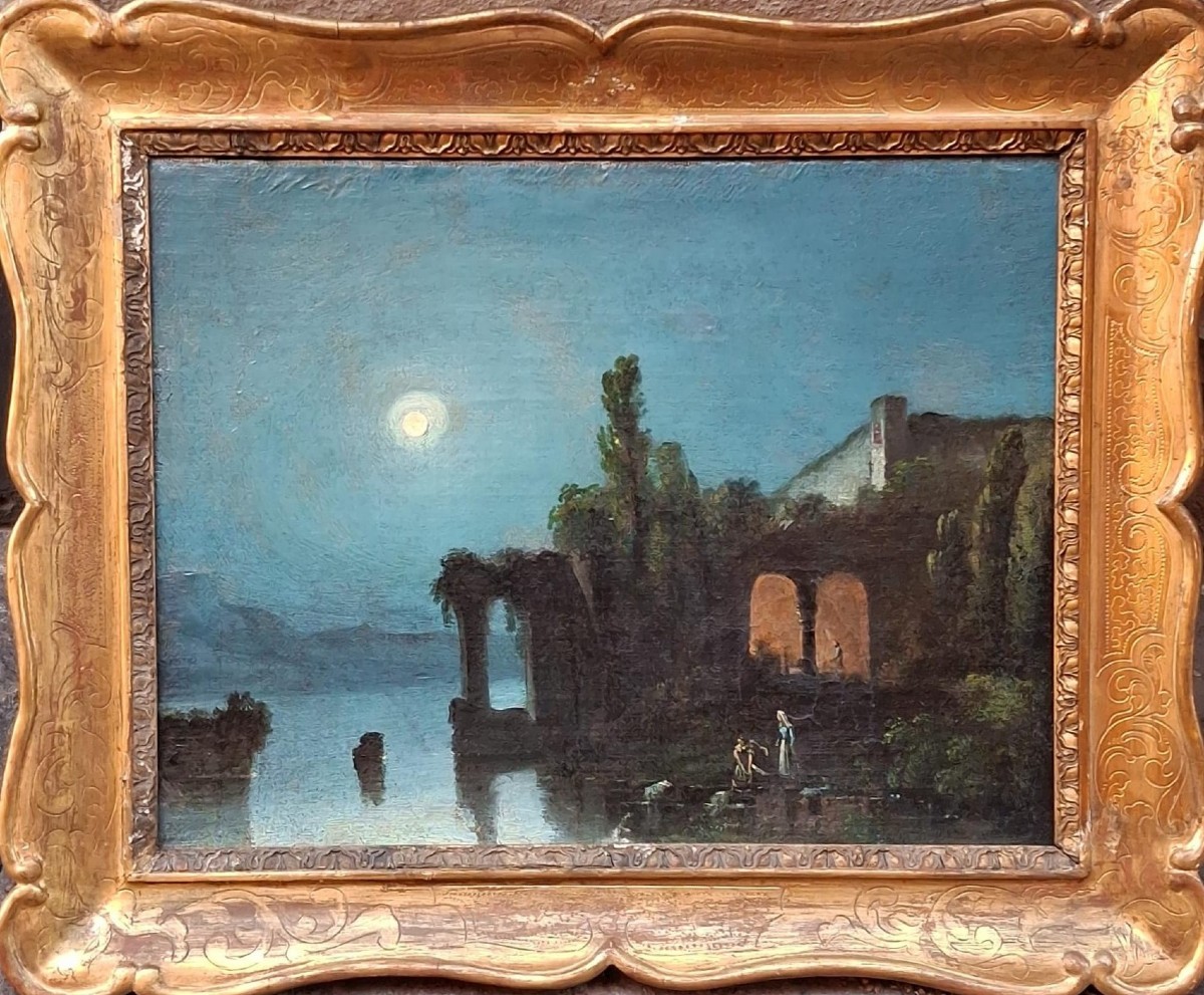 Notturno - scuola napoletana - Posillipo - XIX secolo - olio su prima tela - cornrice originale-photo-1