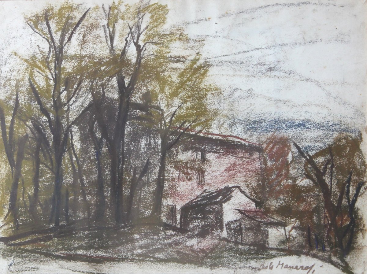 Paolo Manaresi - Paesaggio con casolare - Pastello - Firmato