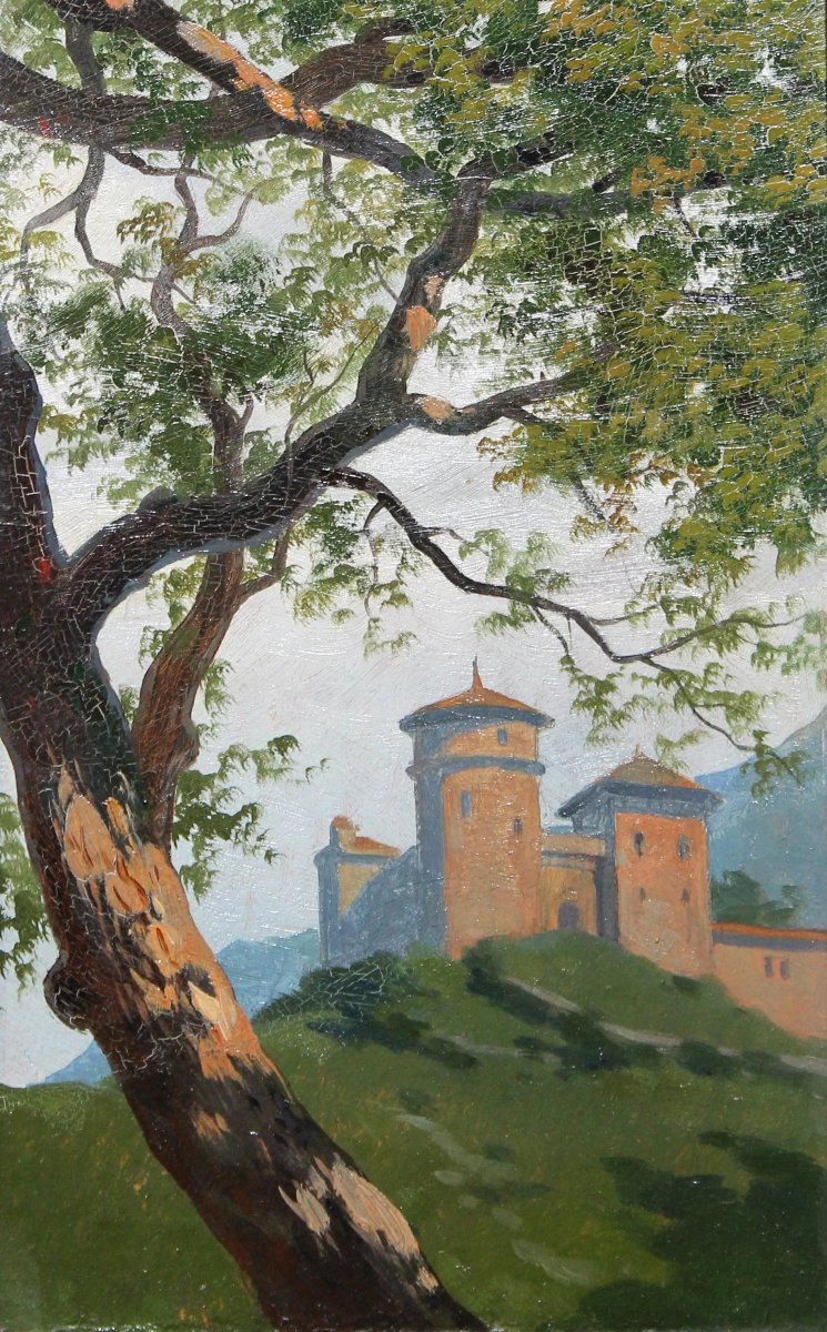 Silvio Gordini - Romagna - Paesaggio con rocca - datato 1909