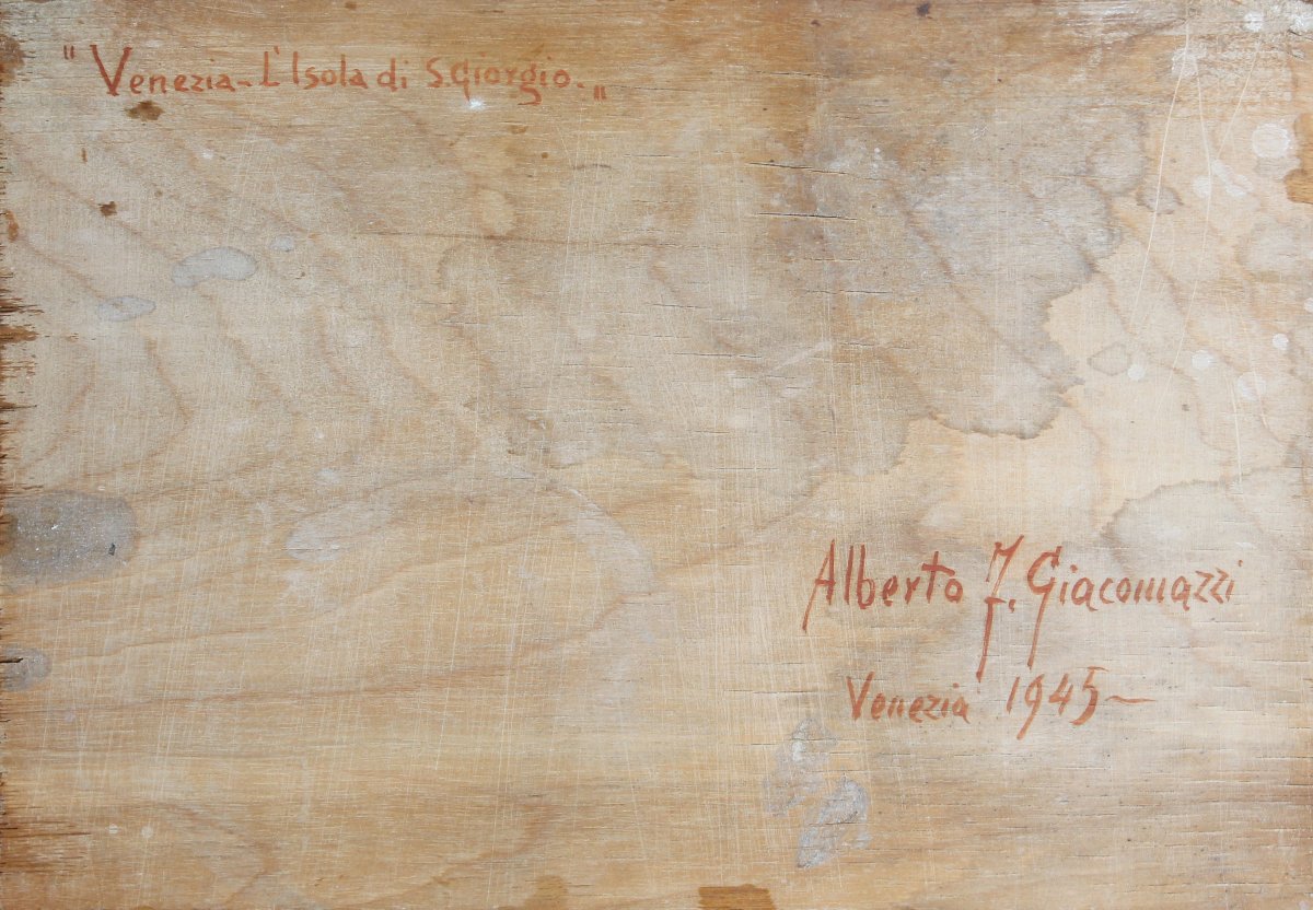 Alberto Giacomazzi - Venezia e l'isola di San Giorgio - Olio su tavola firmato datato 1945-photo-2