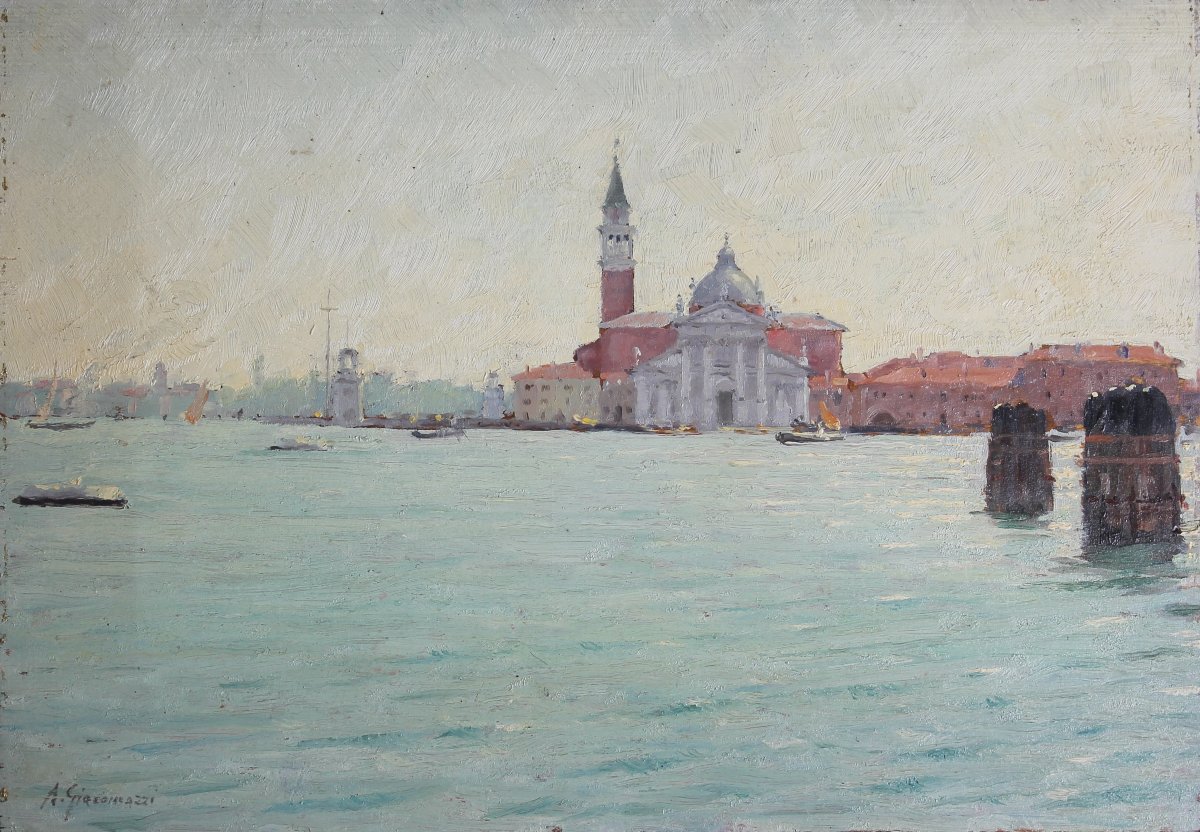 Alberto Giacomazzi - Venezia e l'isola di San Giorgio - Olio su tavola firmato datato 1945