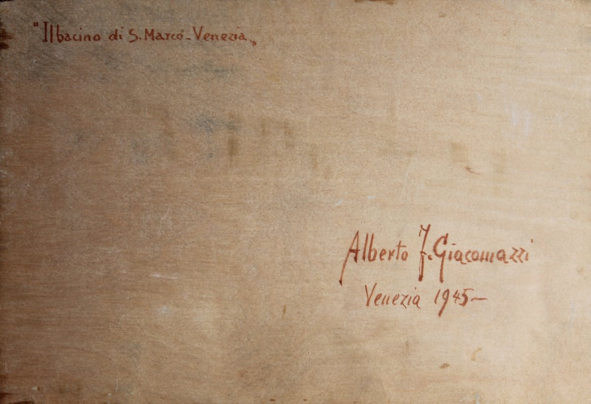 ALBERTO GIACOMAZZI - VENEZIA IL BACINO DI SAN MARCO - OLIO SU TAVOLA FIRMATO DATATO 1945-photo-2