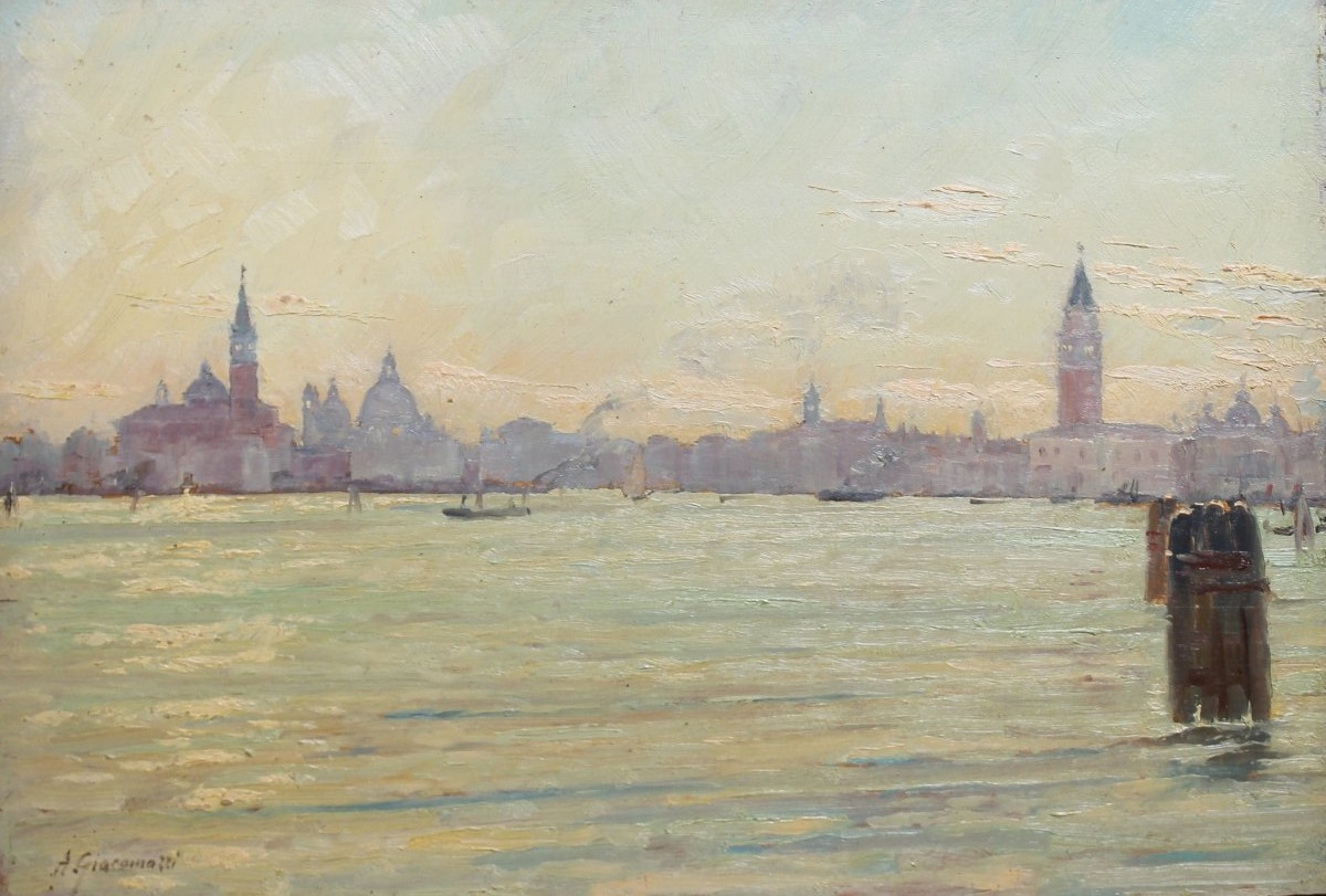 ALBERTO GIACOMAZZI - VENEZIA IL BACINO DI SAN MARCO - OLIO SU TAVOLA FIRMATO DATATO 1945