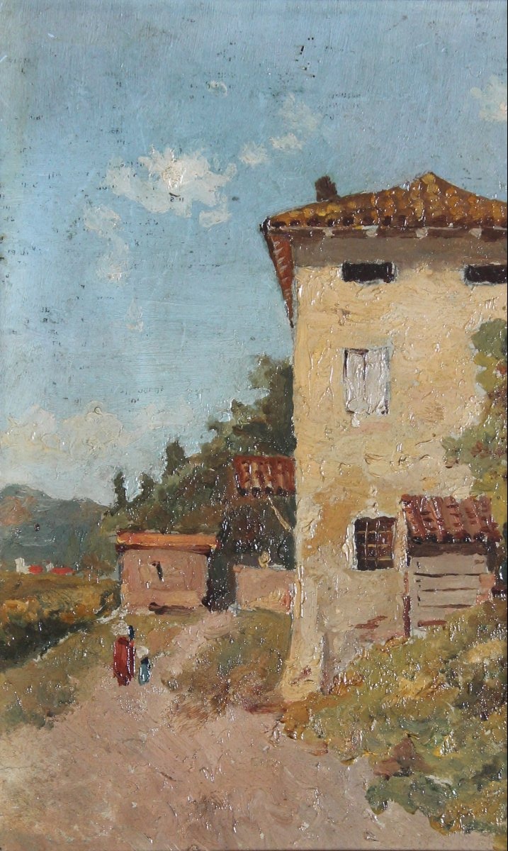 Luigi Bertelli - olio su zinco - Paesaggio con Casolare - Interessante Etichetta di provenienza
