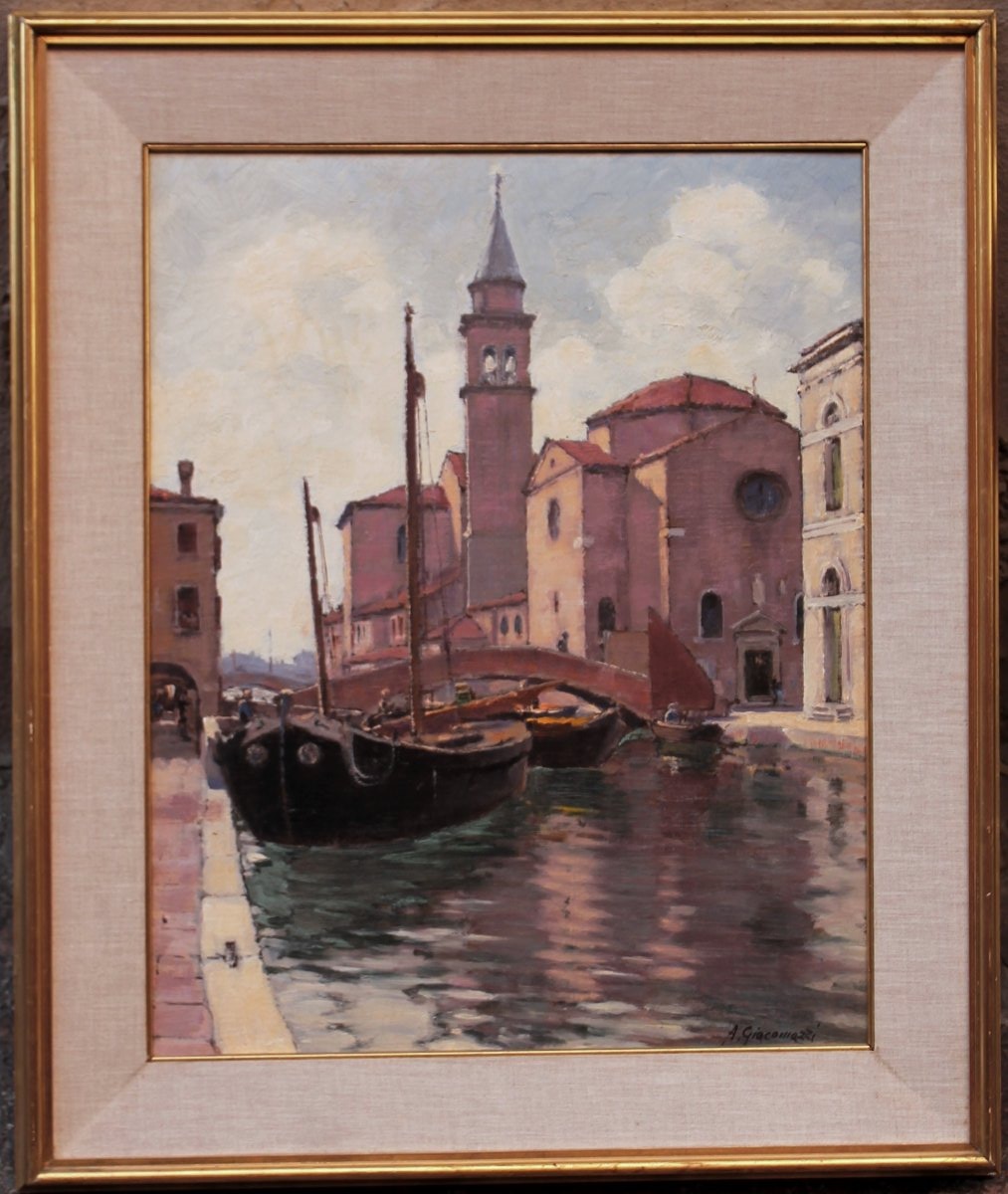 Alberto Giacomazzi - San Giacomo a Chioggia - Oliosu cartone telato - Firmato e Datato-photo-2