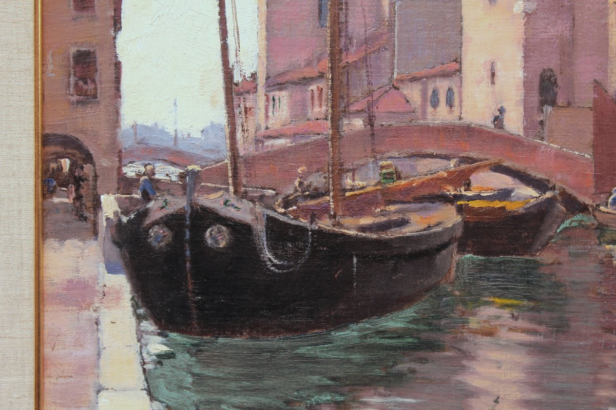 Alberto Giacomazzi - San Giacomo a Chioggia - Oliosu cartone telato - Firmato e Datato-photo-3