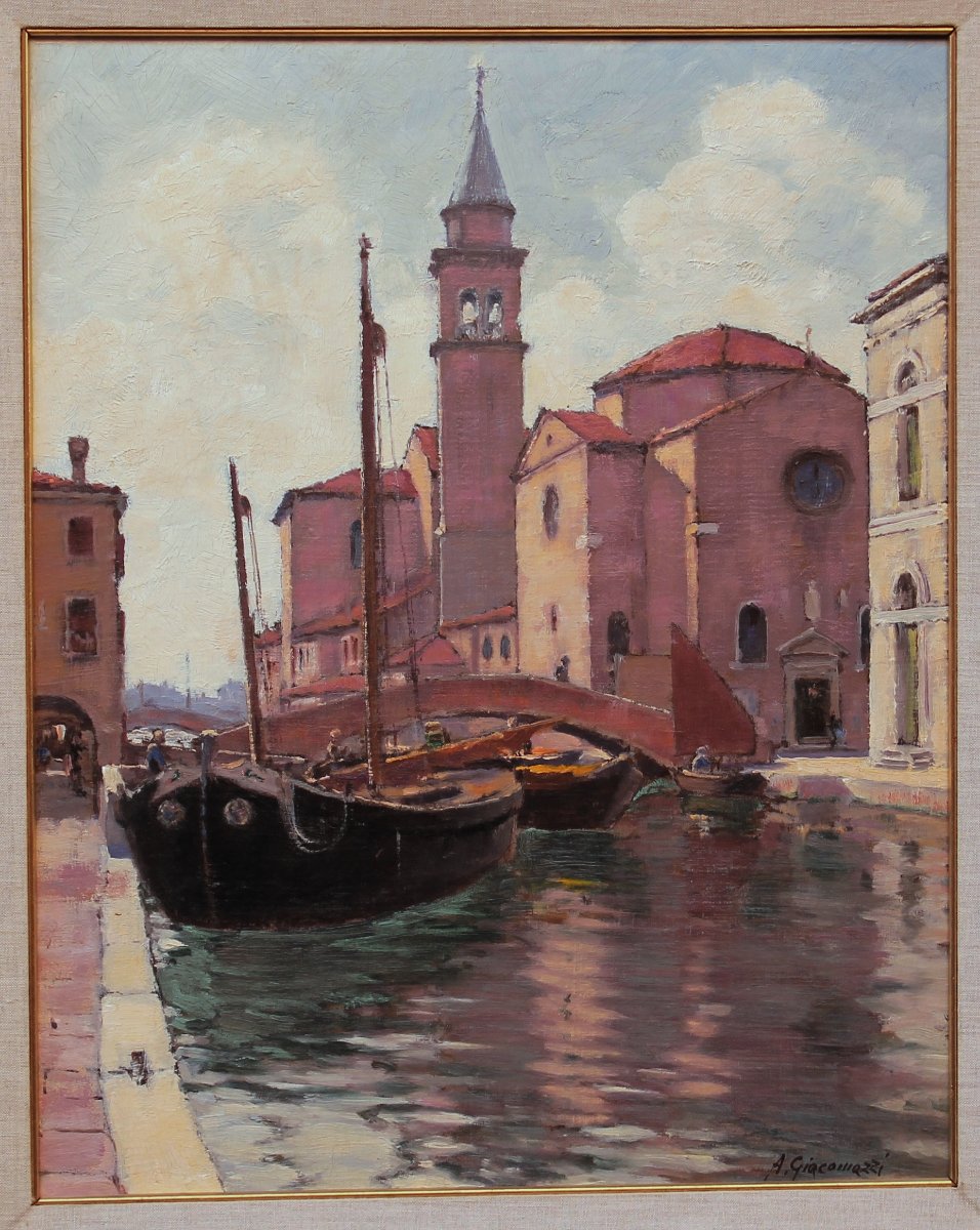 Alberto Giacomazzi - San Giacomo a Chioggia - Oliosu cartone telato - Firmato e Datato
