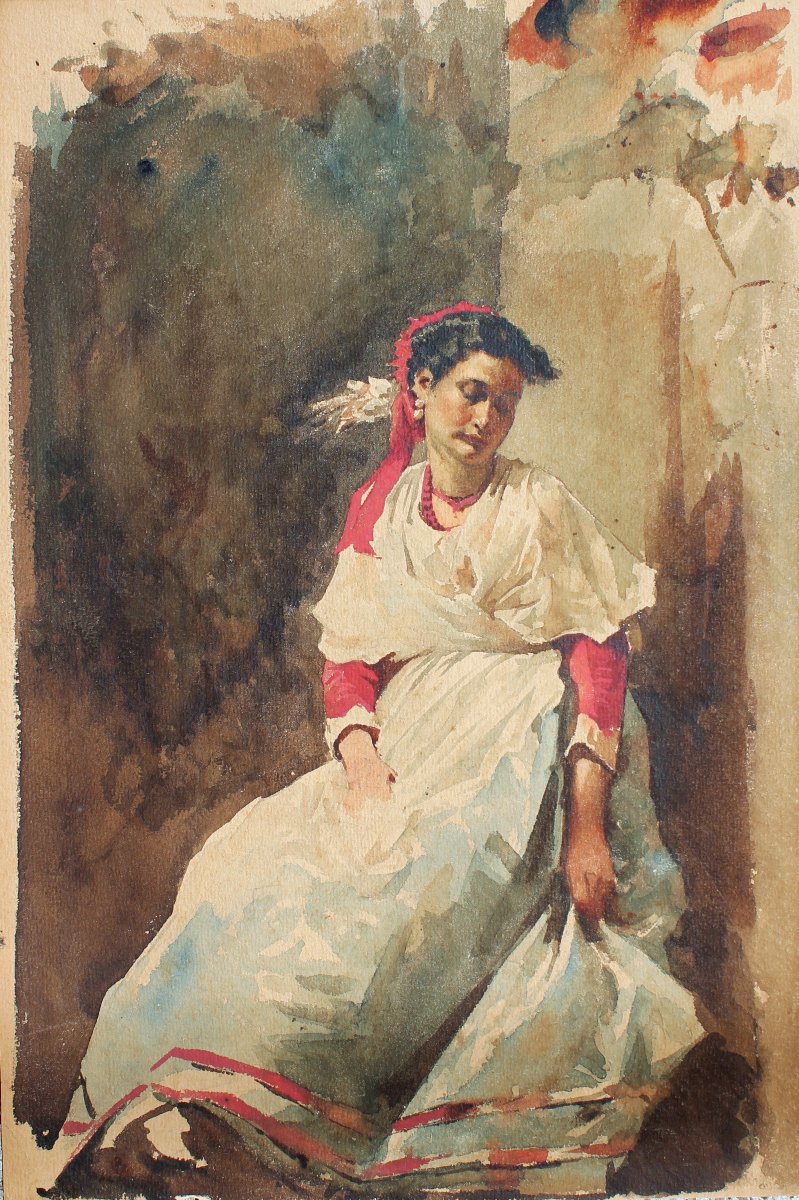 DONNA A FIGURA INTERA ROMA ACQUARELLO DISEGNO XIX SECOLO OTTOCENTO CARLO RANDANINI