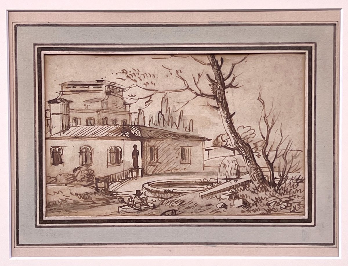 Victor Jean Nicolle (1754–1826) Paesaggio con villa in campagna - Disegno a penna