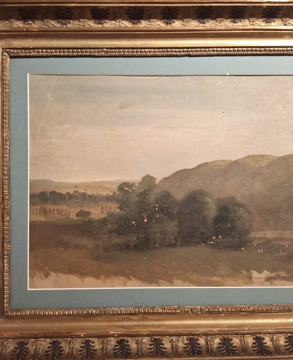 Paesaggio con acquedotto - Olio su carta - XIX secolo - cornice antica-photo-2