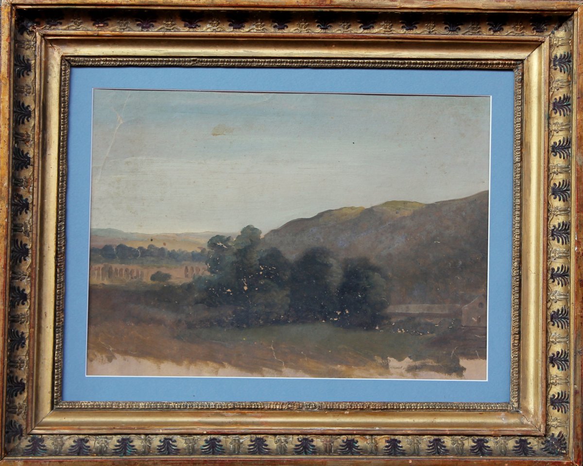 Paesaggio con acquedotto - Olio su carta - XIX secolo - cornice antica