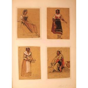 Alfred Mouillard (1831 - 1906) Disegno acquarello Roma - Donne in abiti tipici 