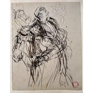 Schizzo di due uomini - Alfred Dehodencq - Disegno  inchiostro bruno e lavis  - Cachet