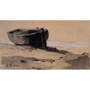Thèodore Gudin (1802 - 1880) Barca sulla spiaggia, Acquarello Disegno Firmato