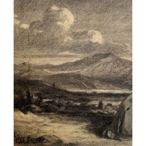 Paul Flandrin (1811 - 1902)  Paesaggio di montagna Disegno Firmato