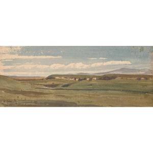 Henri Harpignies - Campagna laziale – aquarello – dedicato, firmato, localizzato Roma 1851