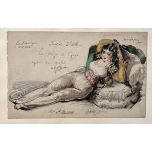 Alfred Mouillard (1831 - 1906) la Maya di Goya Acquarello Firmato e datato 1869
