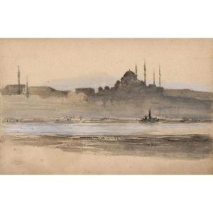 Léonce Chabry (1832 - 1882) Veduta d'Istanbul, Acquarello Cachet