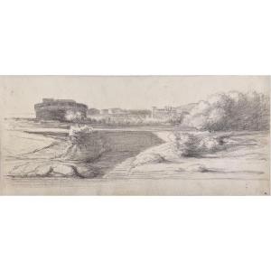  Paul Delaroche (1797 - 1856) Veduta di Castel Sant'angelo a Roma Disegno Cachet 