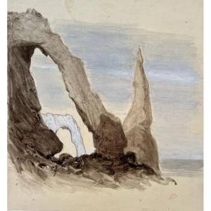 Eugène Le Poittevin (1806 - 1870) La Falaise d'Aval a Etretat in Normandia Acquarello Cachet