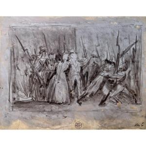 Auguste Raffet (1804 - 1860) Episodio della Rivoluzione  Francese Disegno Cachet 