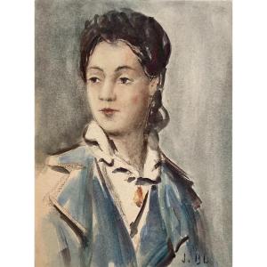 Jules Bastien-Lepage (1848 - 1884)  Ritratto femminile  Acquarello  monogrammato