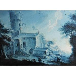 Jacques Vanderburch pittore di Montpellier Paesaggio monocromo blu Firmato