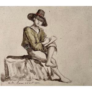 Giovane disegnatore - Guillaume Bodinier - Disegno acquarello XIX - Roma monogrammato e datato 