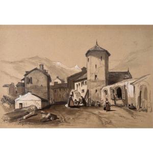 Eugène Cicéri (1813 - 1890) Paesaggio pirenaico, Disegno, Firmato