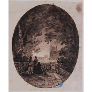 Amedee Rosier (1831 - 1898) Scena galante in terrazza Acquarello Cachet