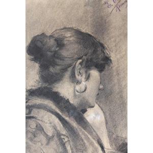 Eugenio Oliva y Rodrigo (Palencia, 1852 - Villaconejos, 1925) - Disegno - Ritratto di donna -XI