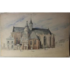 Chiesa di Boulogne - Francia - Disegno e Acquarello - XIX secolo