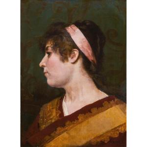 Alfonso Savini - Bologna - Olio su Tela - XIX secolo  -Ritratto di donna di profilo