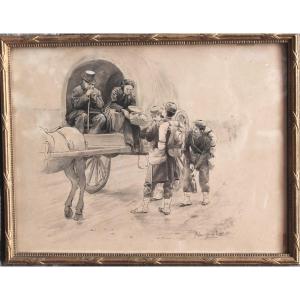 Jules Girardet Soldati Disegno Acquarello Firmato Datato lllustrazione