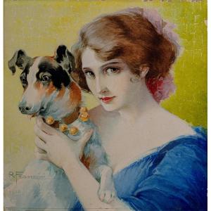 Roberto Franzoni - Ritratto femminle con un Jack Russel Terrier - Firmato e datato 1910