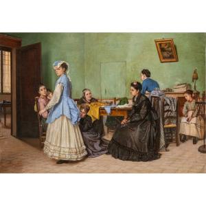 Gaetano Palazzi - La Prova del Vestito - Tela - Firmato - Moda - Macchiaiolo