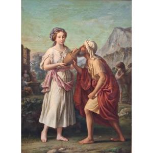 Raffaele Spanò - Napoli - Rebecca e Elizer - Olio su prima tela - Firmato
