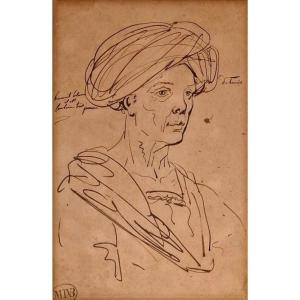 Mathieu Ignace Van Bree - Ritratto d'uomo con turbante -  Disegno a penna - Firmato