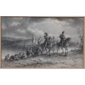 Johannes HILVERDINK - L'esercito in viaggio - Disegno acquarello - firmato