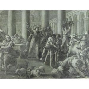 Giuseppe Varotti - La cacciata dei mercanti dal Tempio - Olio su carta - Monocromo