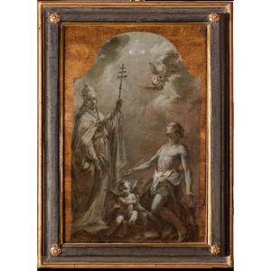 Giuseppe Varotti - Bologna - olio monocromo su carta – Santi Gregorio Magno e Sebastiano 