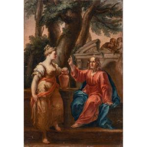 GIUSEPPE VAROTTI - BOLOGNA - OLIO SU PRIMA TELA – Cristo e Samaritana – CORNICE ORIGINALE