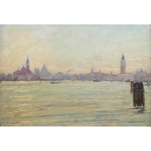 ALBERTO GIACOMAZZI - VENEZIA IL BACINO DI SAN MARCO - OLIO SU TAVOLA FIRMATO DATATO 1945