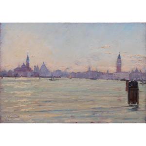 ALBERTO GIACOMAZZI - VENEZIA IL BACINO DI SAN MARCO - OLIO SU TAVOLA FIRMATO DATATO 1945