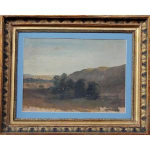 Paesaggio con acquedotto - Olio su carta - XIX secolo - cornice antica