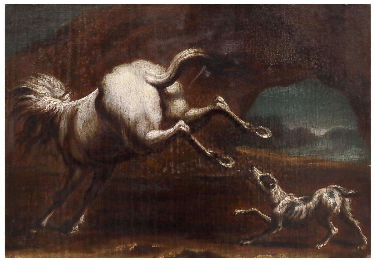 Cavallo che scalcia un cane. Dipinto Italia XVII Secolo