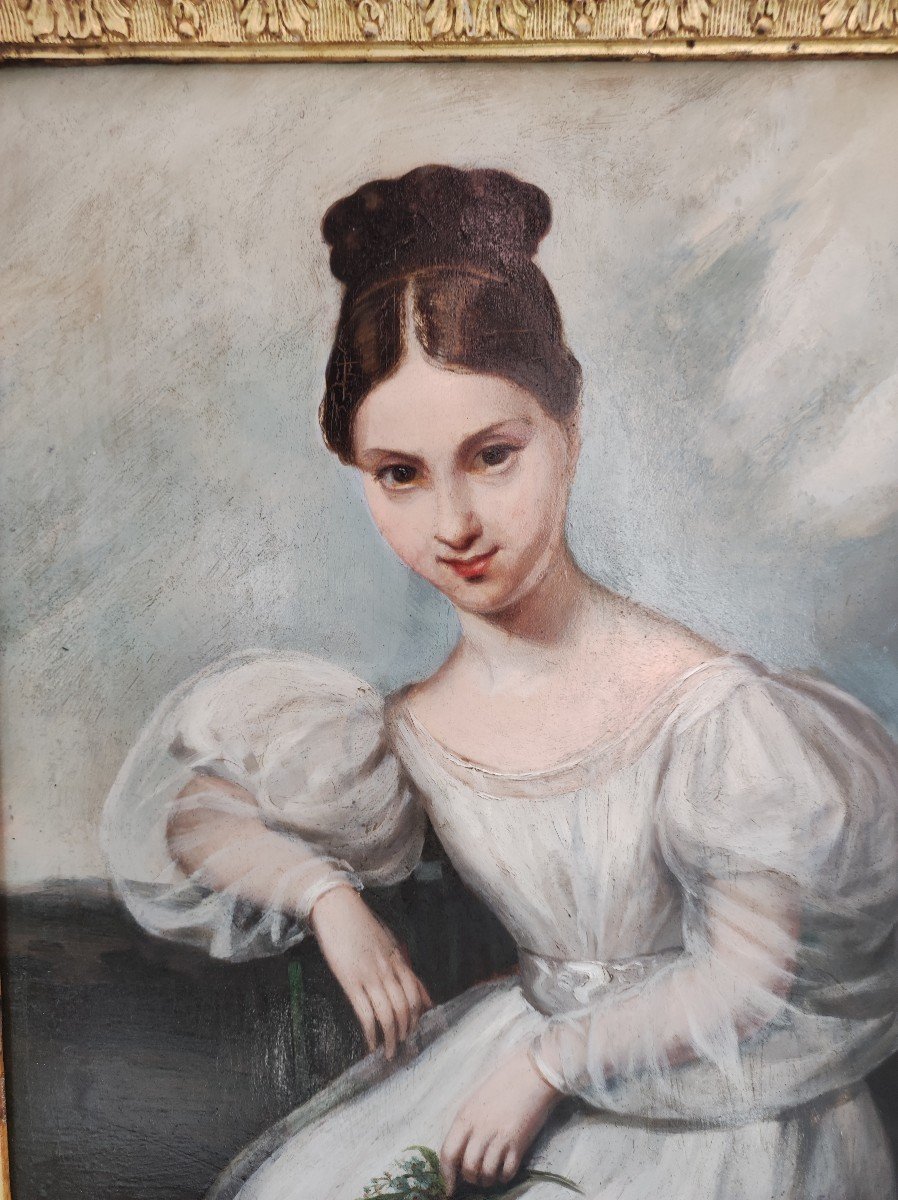Ritratto di ragazza in bianco , Dipinto olio su tavola , Francia XIX Secolo-photo-3