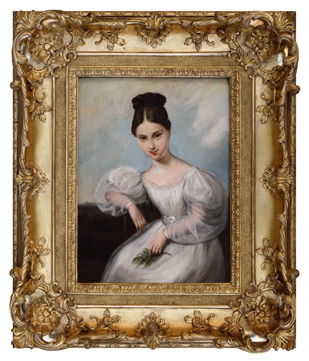 Ritratto di ragazza in bianco , Dipinto olio su tavola , Francia XIX Secolo