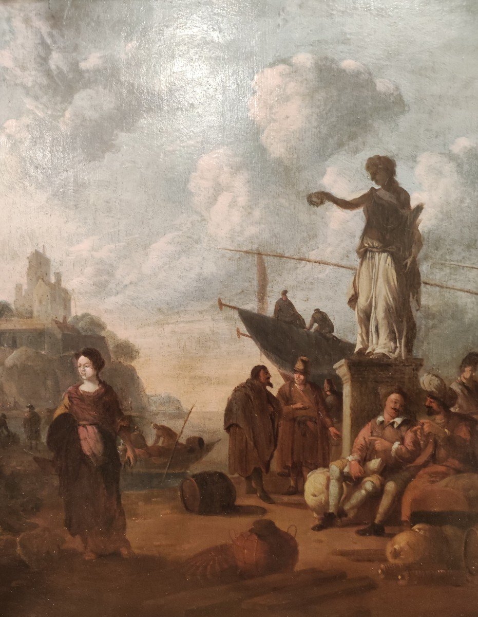Scena di porto con statua, dipinto , ambito di W. Vitringa  Paesi Bassi XVII Secolo -photo-2